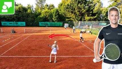 Young girl on a clay tennis court practicing a shot while a red curved arrow hints at a move toward a man with a racket on the right; bright green chat icon in corner suggests a tutorial thumbnail.