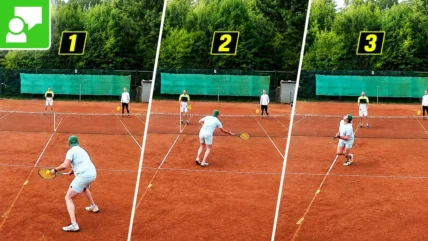 Triptych of a clay-court tennis drill: three frames labeled 1–3 showing a player in light blue hitting forehands while two teammates watch from the baseline.