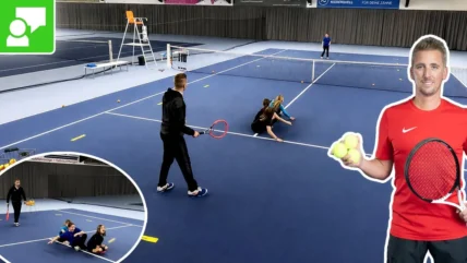 Indoor tennis court with a coach and two kids playing; large cutout of a player in red on the right.