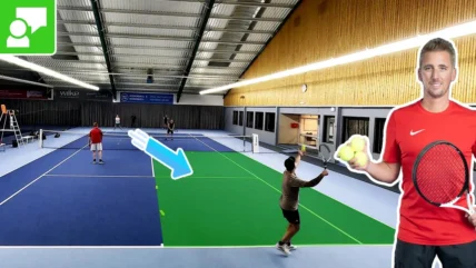 Indoor tennis facility with multiple blue courts; a player serves on the far court, and a green practice area is highlighted by a blue arrow. A cutout man in red holds a racket and tennis balls on the right.
