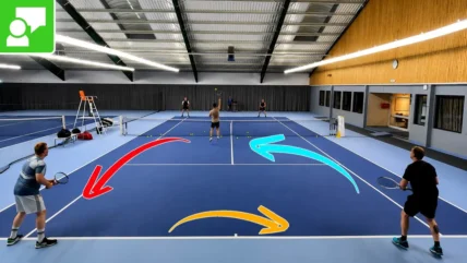 Indoor tennis court with four players; colorful arrows indicate planned ball trajectories across the court, a referee chair on the left.