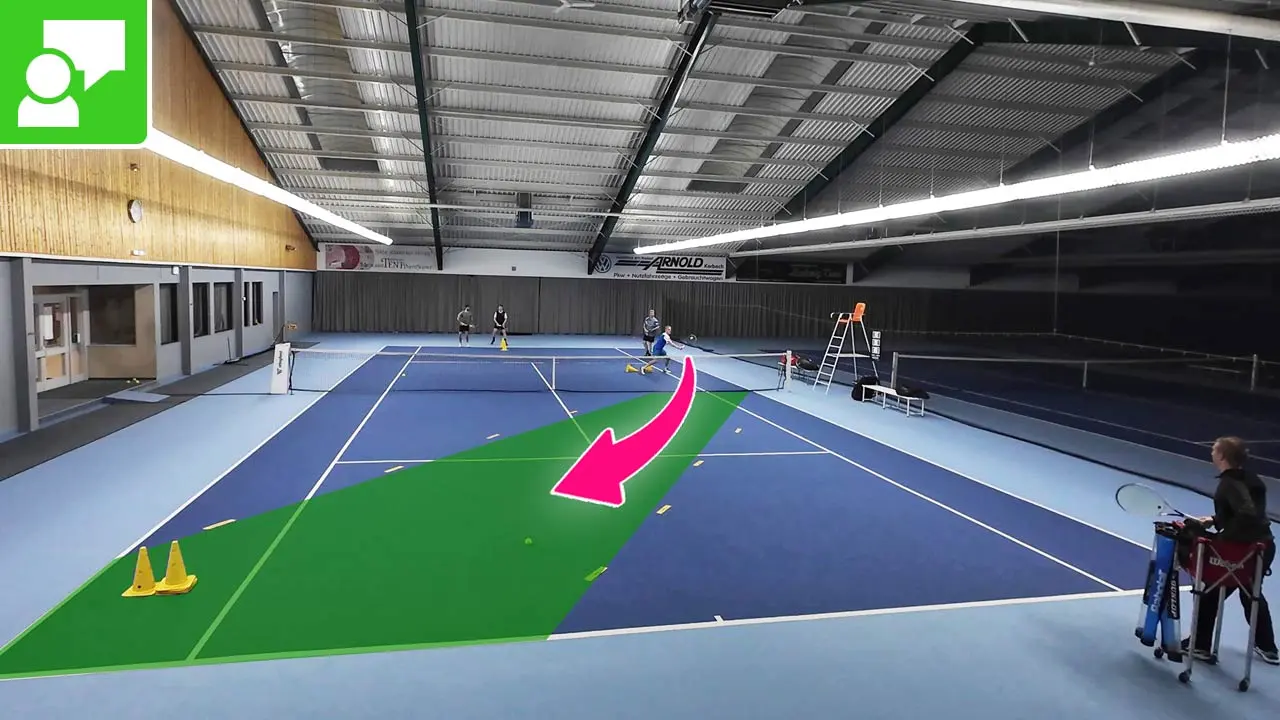 Indoor badminton court with a highlighted green landing zone and a pink arrow pointing to the shuttle on the floor near the center. - Describes the intended focus for practice.