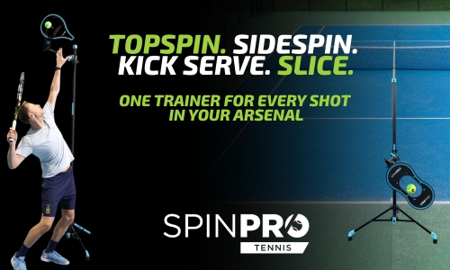 Promotional SpinPro Tennis banner: a server on the left, training device on a blue court, with slogans about topspin, sidespin, kick serve, slice.